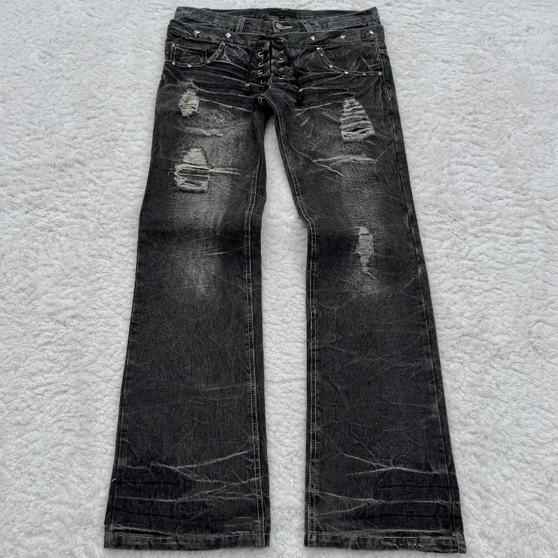 Y2K European and American Cross-Border Millennium Washed Jeans New Dark Gothic Style Retro High Street Lace-Up Bootcut Pants