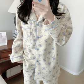 韩国ins女士秋冬新款韩版加厚夹丝棉花朵长袖长裤家居服睡衣套装