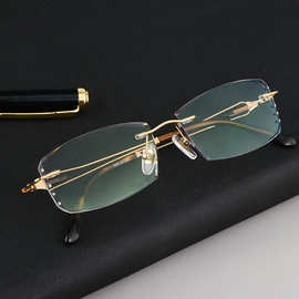 超轻纯钛眼镜金色框架男士专用方形无框钻石切边近视眼镜批发