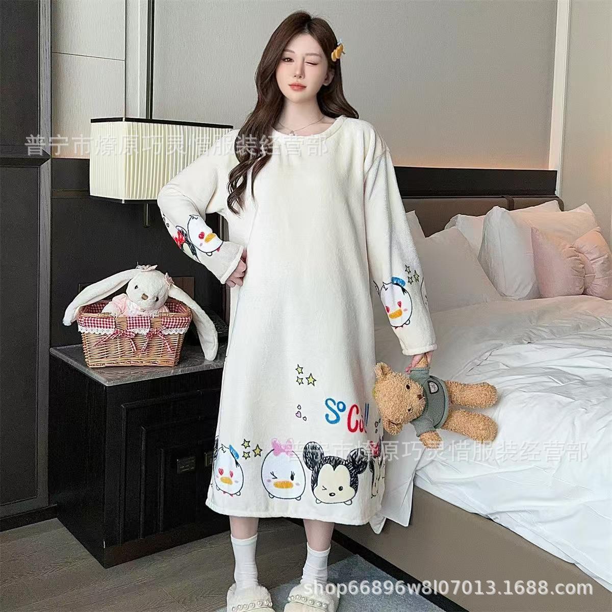 Pijamas de mujeres otoño invierno de franela lindo dibujo animado 2024 nuevo coral de lana gruesa falda cálida ropa para el hogar