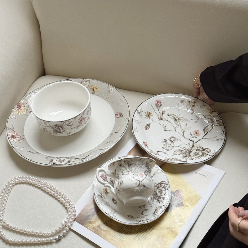 法式中古风灰色花卉浮雕陶瓷西瓷盘咖啡杯碟系列甜品菜盘子批发|undefined