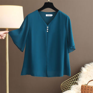 plus size Summer New Short-sleeved V-neck Top Chiffon Loose T-shirt Women's European Station All-match Belly Covering Stylike Shirt