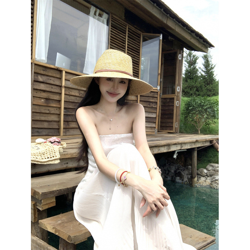 Xinda 海辺の休暇ロングスカート夏のハイエンドセレブフロアレングスメッシュスカートチューブトップスパンコールドレス女性用|undefined