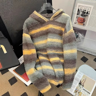 Trendy New Contrast Color Stripe Retro Hooded Sweater Men's Lazy Style Loose Soft Waxy Long Sleeve Sweater Jacket