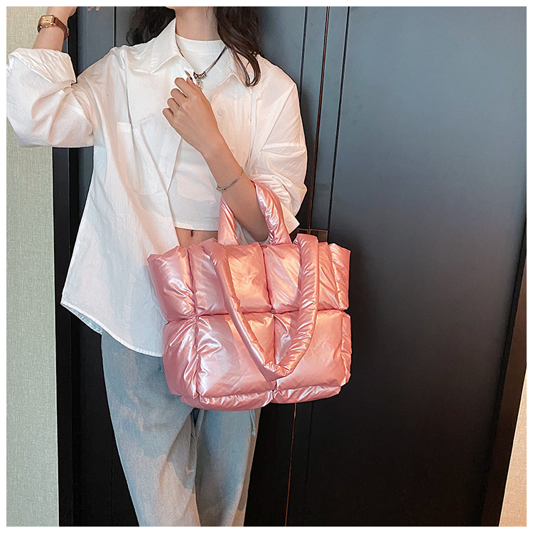 Down Bag Women Fashion Large Capacity Tote Bag High grade Shiny Handbag Simple Checkered Cotton Bag Shoulder Bag_voghion.com