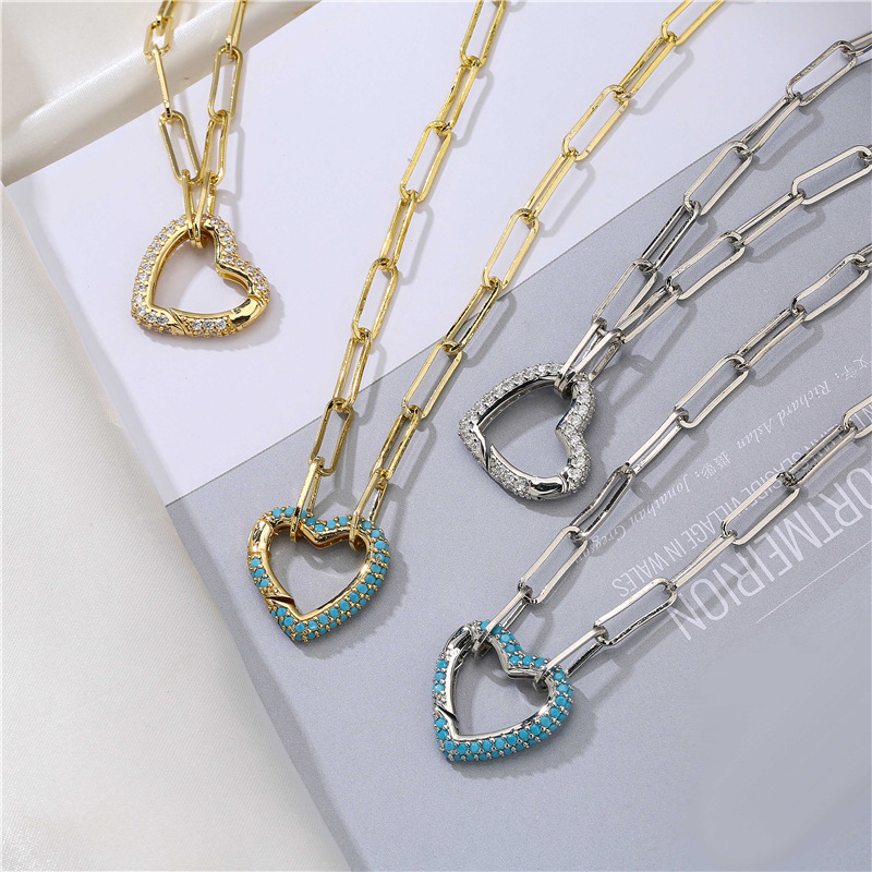 Fashion Micro-inlaid Zircon Peach Heart Cable Chain Copper Necklace Wholesale Nihaojewelry display picture 1