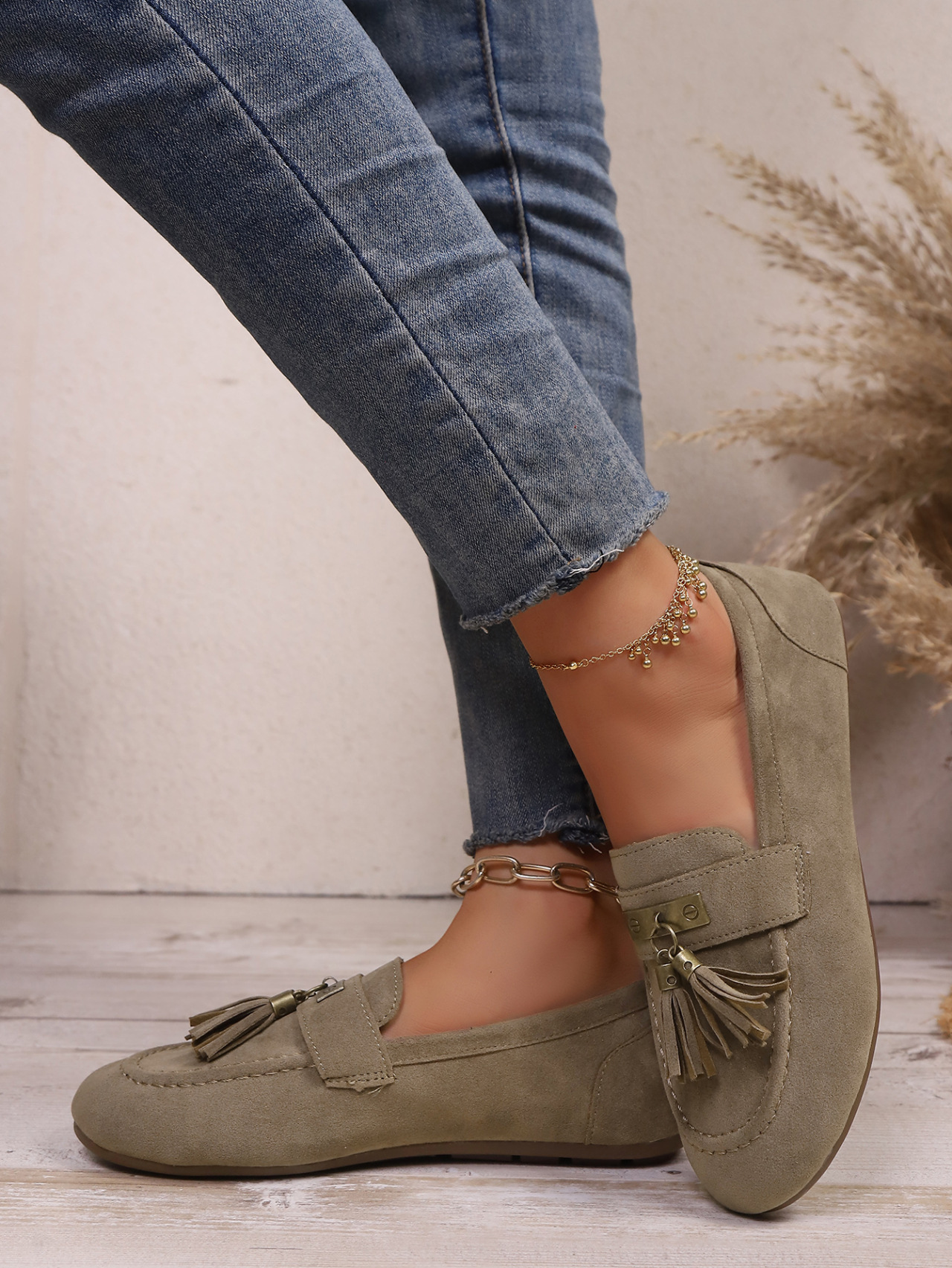 Bequeme Damen Wildleder Slipper Freizeitschuhe Mit Quasten Dekor_voghion.com