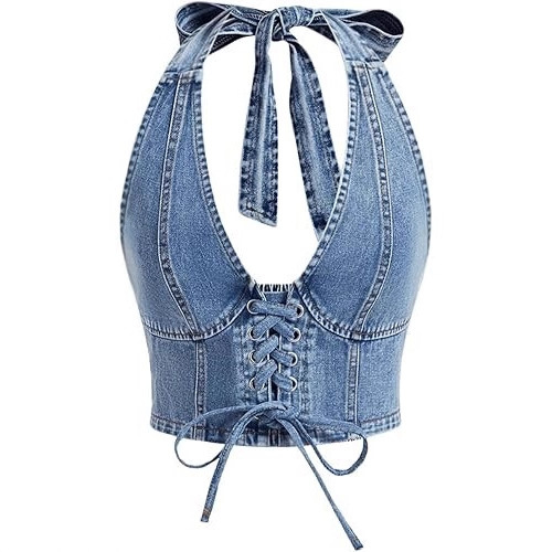 Cross-Border Supply European and American Halter Neck Eyelet Strap Cross-Washed Sleeveless Casual Denim Top Tight-Fitting Tank Top Short Style Cross-Border Supply European and American Halter Neck Eyelet Strap Cross-Washed Sleeveless Casual Denim Top Tight-Fitting Tank Top Short Style