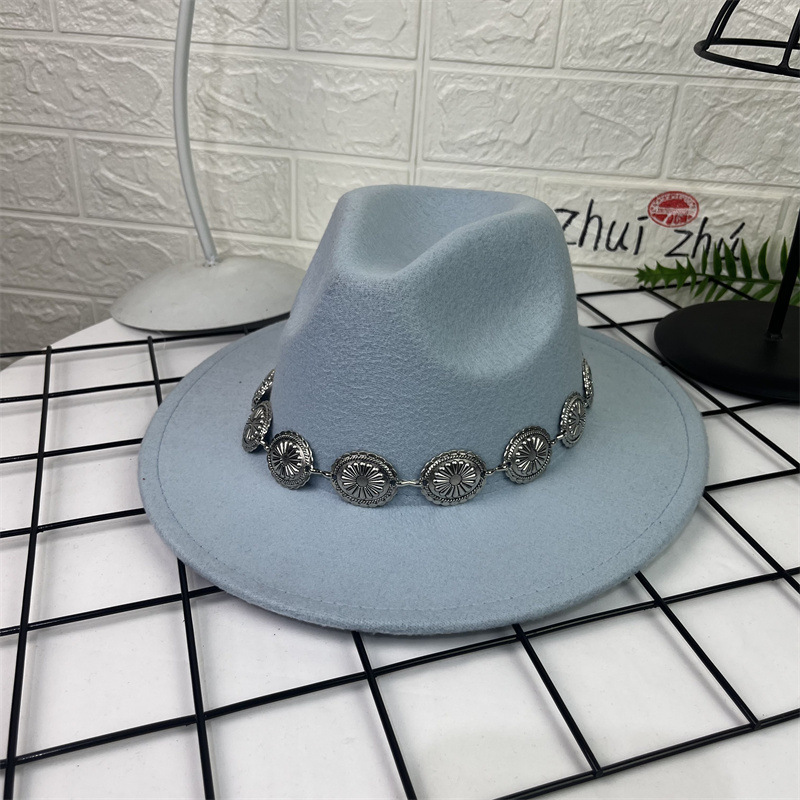 Sombrero de lana europeo y americano sombrero de fieltro de estilo británico decoración de cadena ovalada AliExpress sombrero de jazz borde plano sombrero superior para hombres