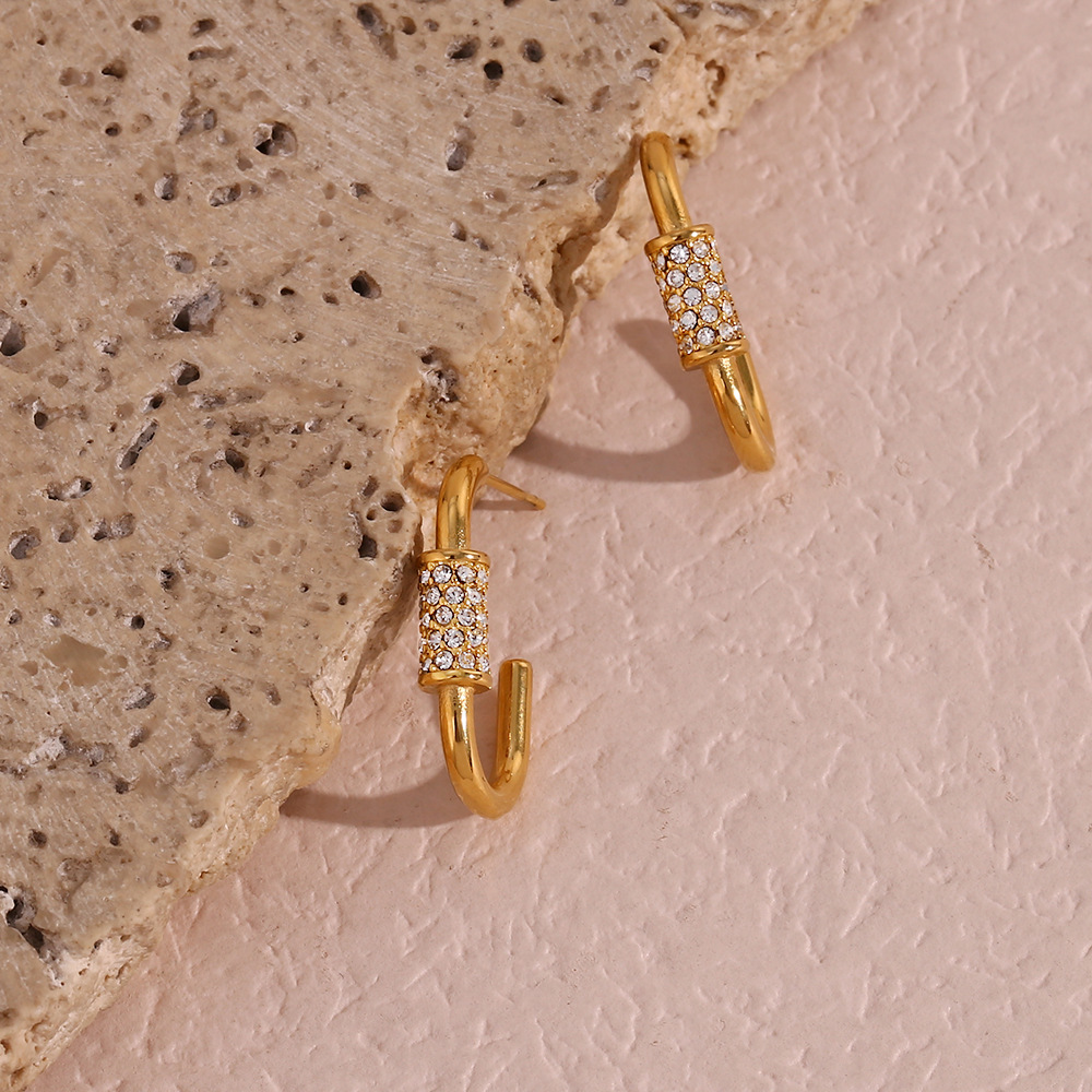 Fashion C Shape Stainless Steel Gold Plated Zircon Earrings 1 Pair