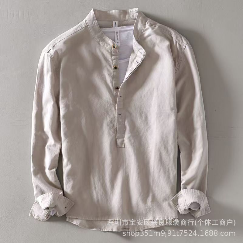 Spring and Autumn New Linen Long-Sleeve Casual Shirt, Japanese Retro Stand-Up Collar Pullover Versatile Solid Color Men's Cotton-Linen Shirt Spring and Autumn New Linen Long-Sleeve Casual Shirt, Japanese Retro Stand-Up Collar Pullover Versatile Solid Color Men's Cotton-Linen Shirt