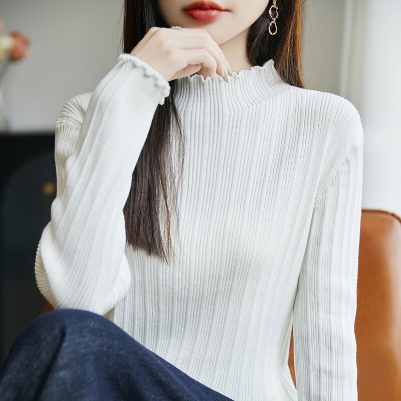 Pure Cotton Lace Half Turtleneck Knitwear for Women Autumn and Winter Half Turtleneck Pure Color Short Style Inner Slim Bottoming Shirt Pure Cotton Thread