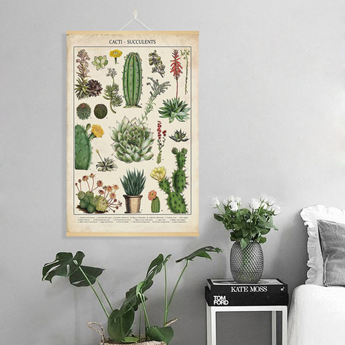 Retro Cactus Plant Illustrated Hanging Scroll Painting Living Room Scroll Painting Porch Hanging Painting Decorative Painting Amazon Hot Sale