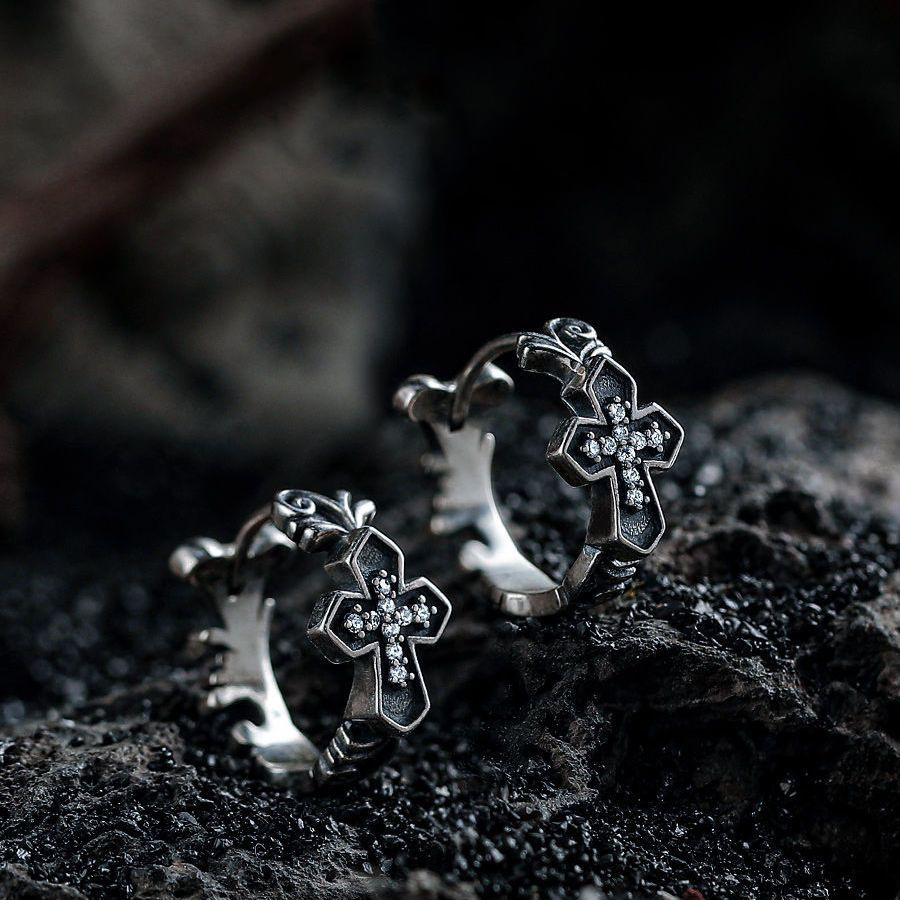 Retro Fashion Cross 925 Silver Needle Earrings Men's Niche Design Ear Hole Earrings Earrings Women's European and American Cross-border