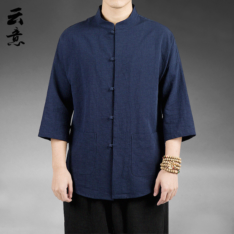 Camisa Zhongshan de lino de estilo chino, manga de cinco puntos para hombres, traje Tang, algodón y lino chino, camisa fina informal, traje de té de verano