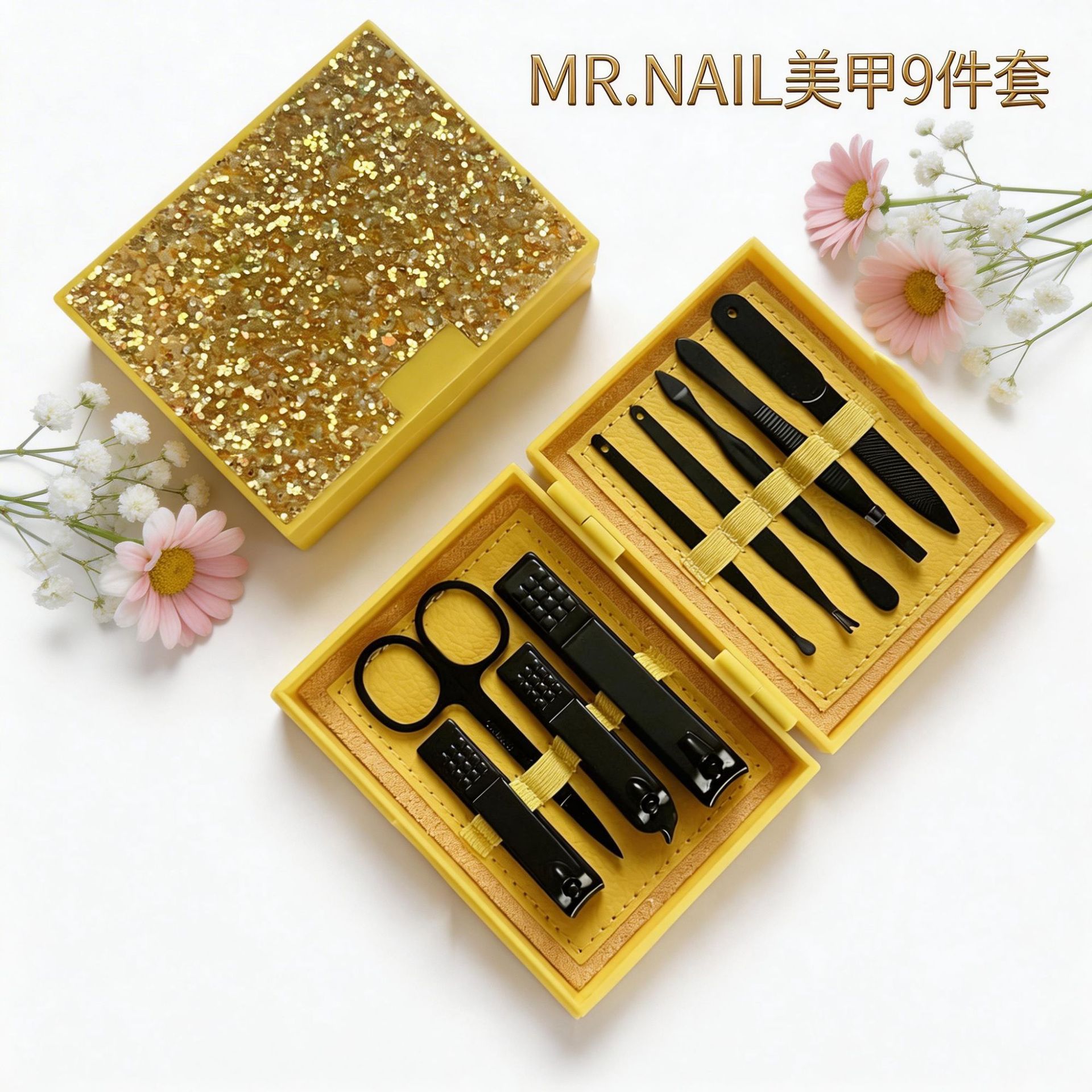 Sınır ötesi tırnak makası komple set, logo parıltılı tırnak sanat araçları tırnak makası hediye kutusu dekorasyon tırnak dokuz parçalı set yapmak için kullanılabilir