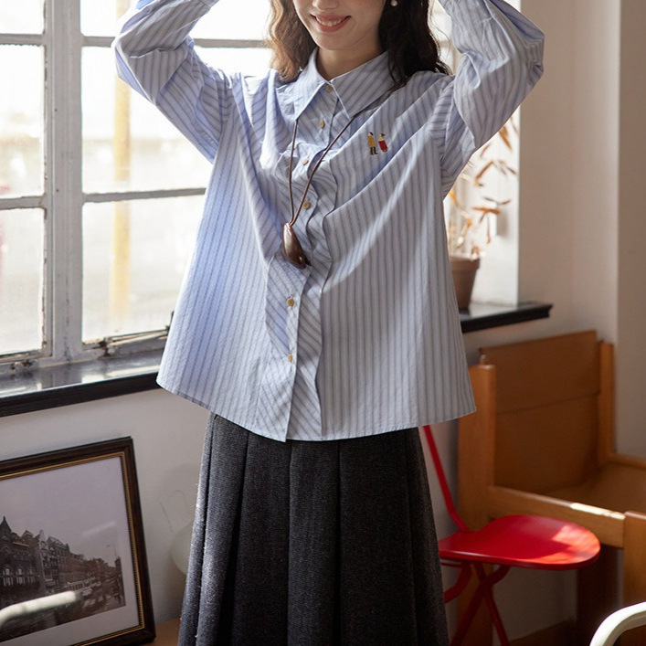 什一 法式衬衫女春秋季文艺感刺绣条纹蓝色长袖衬衣上衣|undefined