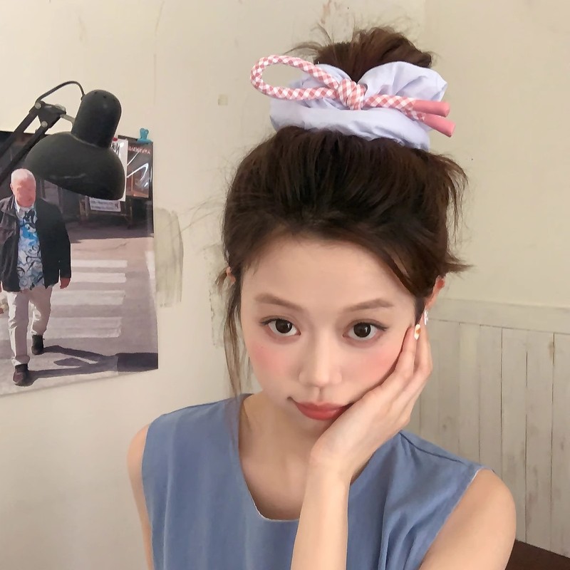 女子大生！ピンクとブルーのチェック柄の結び目リボン、おなかの輪、ヘアロープ、ふわふわ雲のヘアゴム、ヘッドバンド、ボールヘアゴム|undefined