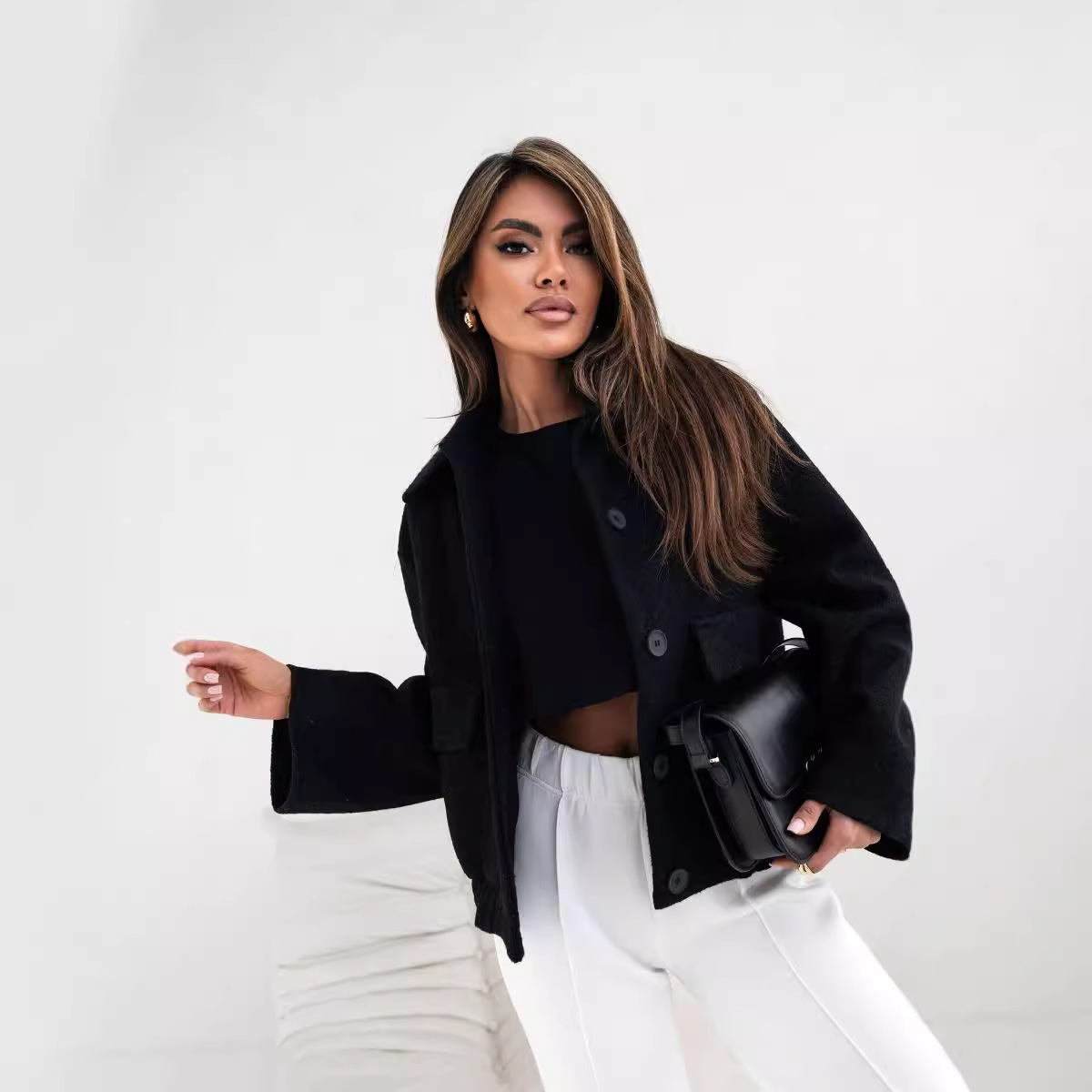 Damkläder enkel och trendig enfärgad enkelknäppt enfärgad ullkappa_voghion.com