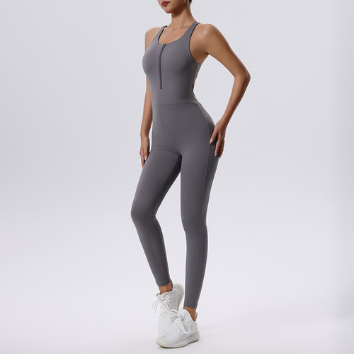 European and American style zipper one-piece yoga suit, sleeveless vest, fitness sports one-piece tight-fitting women's jumpsuit for outdoor wear
