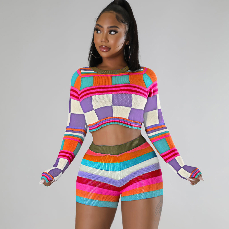 Vintage Style Color Block Spandex Polyester Contrast Binding Pants Sets 2 Piece Set