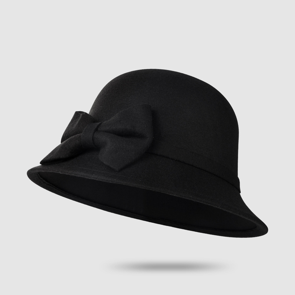 Autumn And Winter New Bow Top Hat Woolen Bowl Hat Pure Color Short Brim Hat display picture 2