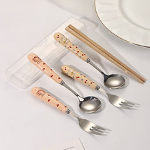 不锈钢勺子餐具套装陶瓷手柄筷叉勺子三件套户外便携可爱儿童餐具
