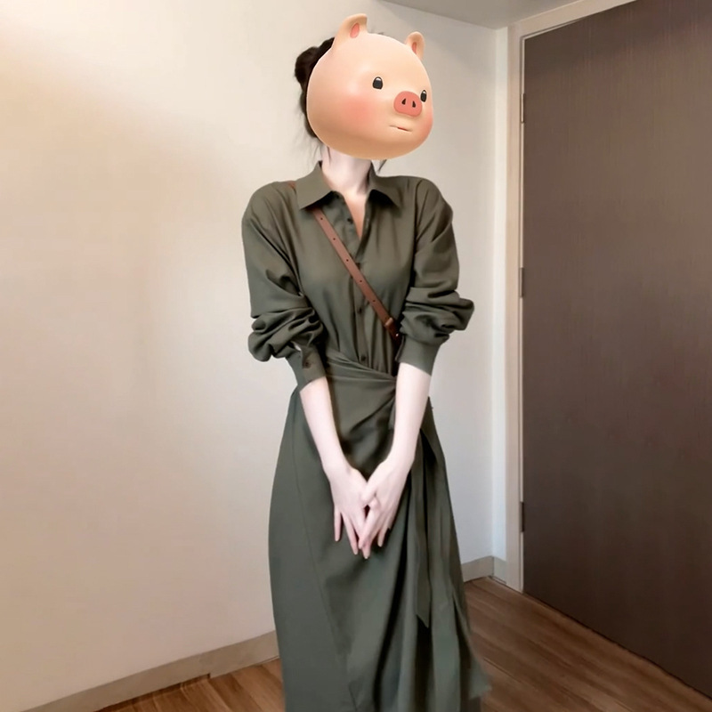法式高级感绿色长袖衬衫连衣裙子女装2025新款开秋季穿搭收腰长裙|undefined