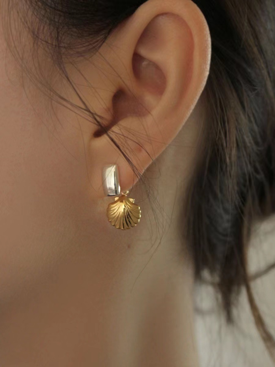 按周末925純銀韓國東大門貝殼吊墜高級新款時尚復古耳釘耳環女