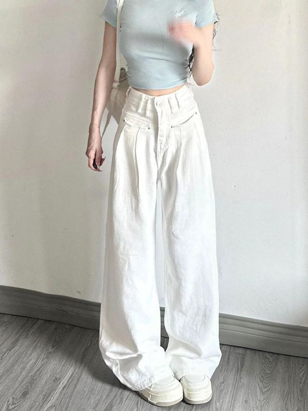 阔腿褶皱白色高腰牛仔裤女夏季2025新款宽松休闲百搭显瘦直筒长裤|undefined