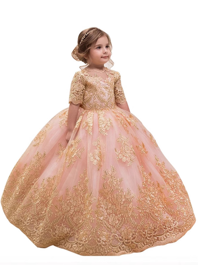 Vestido de niña para bodas transfronterizo, vestido de princesa hinchado de manga media con encaje para cumpleaños y actuaciones infantiles, vestido largo.