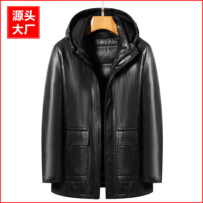 2026 New High-End Men's Hooded Eco-Leather down Jacket, Mid-Length Detachable down Leather Coat 2268 2026 New High-End Men's Hooded Eco-Leather down Jacket, Mid-Length Detachable down Leather Coat 2268