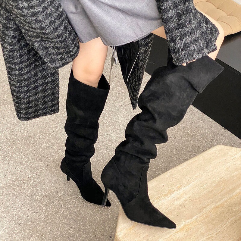 Pointed-toe black high-heeled over-the-knee boots, 2026 autumn new style, ruffled boots, stiletto heels, pleated high boots for women Pointed-toe black high-heeled over-the-knee boots, 2026 autumn new style, ruffled boots, stiletto heels, pleated high boots for women