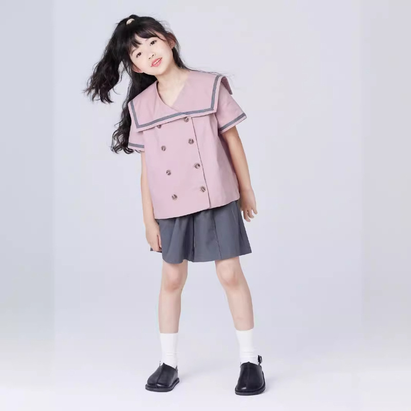 2025 Summer College Style Sailor Collar Navy Collar Double-Breasted Casual Shirt Girls' Tops Gray Trousers Girls' Clothing
