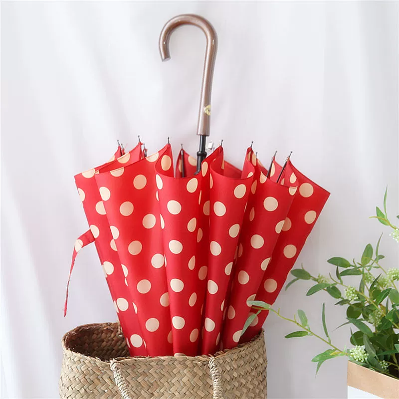 2V06 зонт от дождя или солнца в стиле ретро, ​​красный в горошек, деревянная изогнутая ручка, зонт с длинной ручкой, прямой зонт для студентов