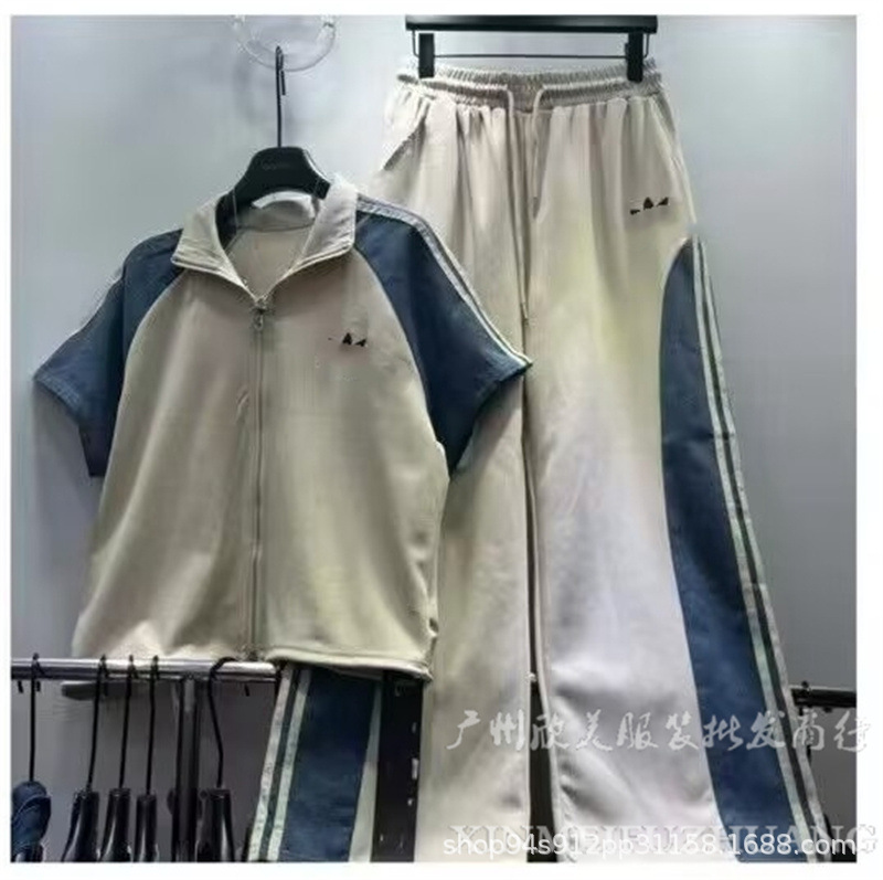 Summer Fashion Color-Block Striped Short-Sleeve Top with High-Waisted Denim Patchwork Wide-Leg Straight Pants Casual Set for Women Summer Fashion Color-Block Striped Short-Sleeve Top with High-Waisted Denim Patchwork Wide-Leg Straight Pants Casual Set for Women