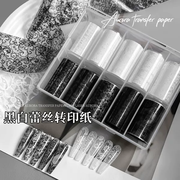 New Style Nail Art Black and White Lace Transfer Paper with Adhesive Backing, French Hollow Mesh Pattern, 10-Grid Nail Decoration Stickers Wholesale