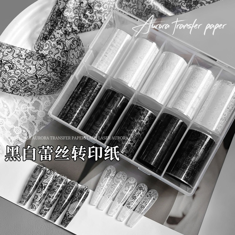 New Style Nail Art Black and White Lace Transfer Paper with Adhesive Backing, French Hollow Mesh Pattern, 10-Grid Nail Decoration Stickers Wholesale New Style Nail Art Black and White Lace Transfer Paper with Adhesive Backing, French Hollow Mesh Pattern, 10-Grid Nail Decoration Stickers Wholesale