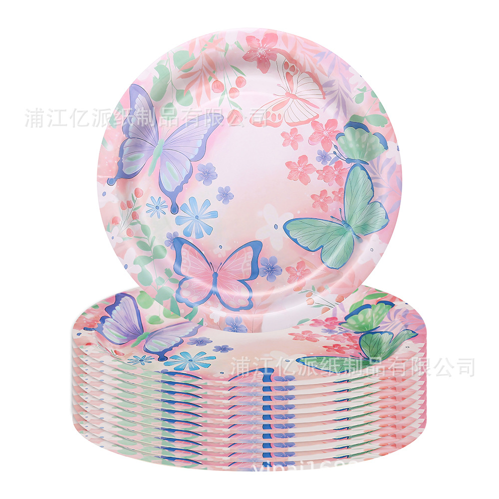 Nuevo juego de vajilla de fiesta con tema de mariposa de verano, bandeja de papel desechable, toallas de papel, cuchillo, tenedor, cuchara, suministros de decoración de fiesta