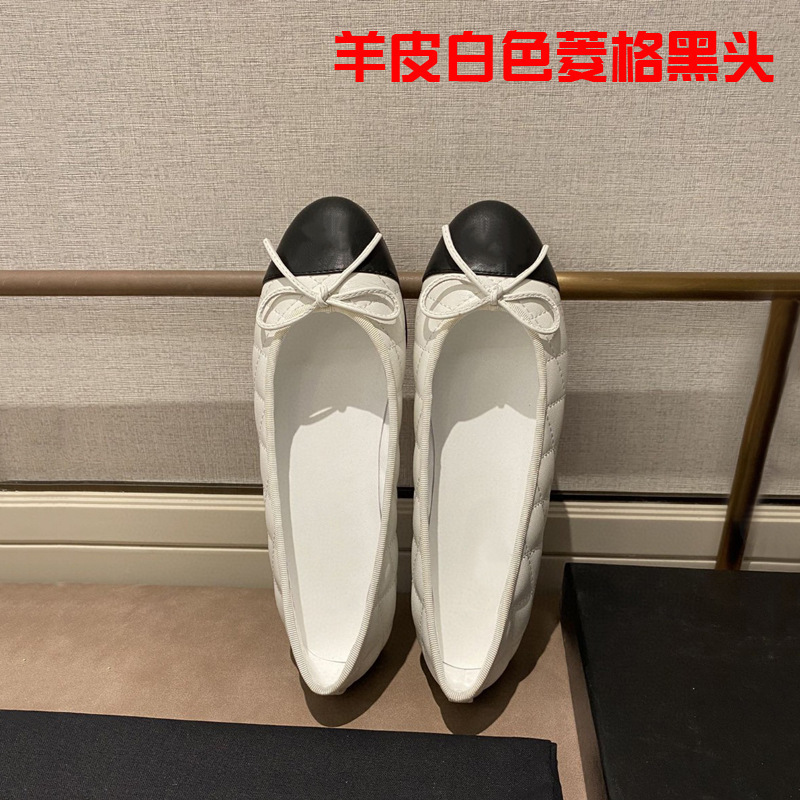 小香风新款真皮拼色蝴蝶结女鞋小香单鞋女平底圆头浅口鞋芭蕾舞鞋|undefined