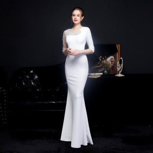 18586# Full Craft Lace Ironing European Diamond Toast Dress Bride's Long Long Sleeve Appreciation Banquet Fishtail Evening Dress