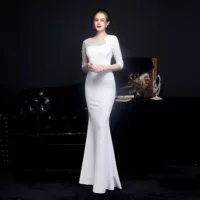 18586 # Полный Craft Кружева Гладильная Европейский Алмаз Тост платье невесты с длинным рукавом признательность банкет рыбий хвост вечернее платье