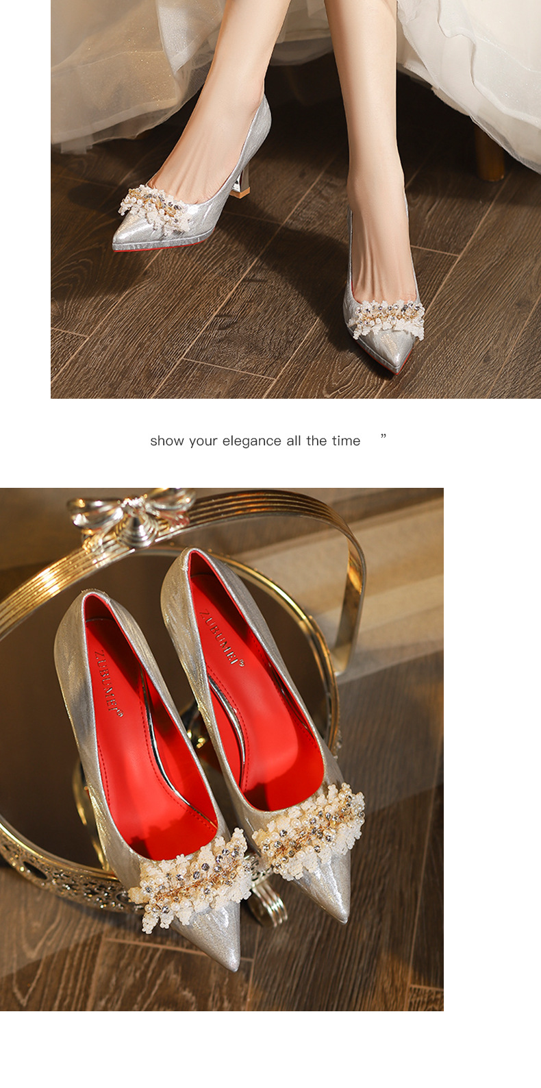Giày cao gót mũi nhọn stiletto đính ngọc trai hoa quyến rũ, dáng thời thượng — Rượu sâm banh chi tiết 8