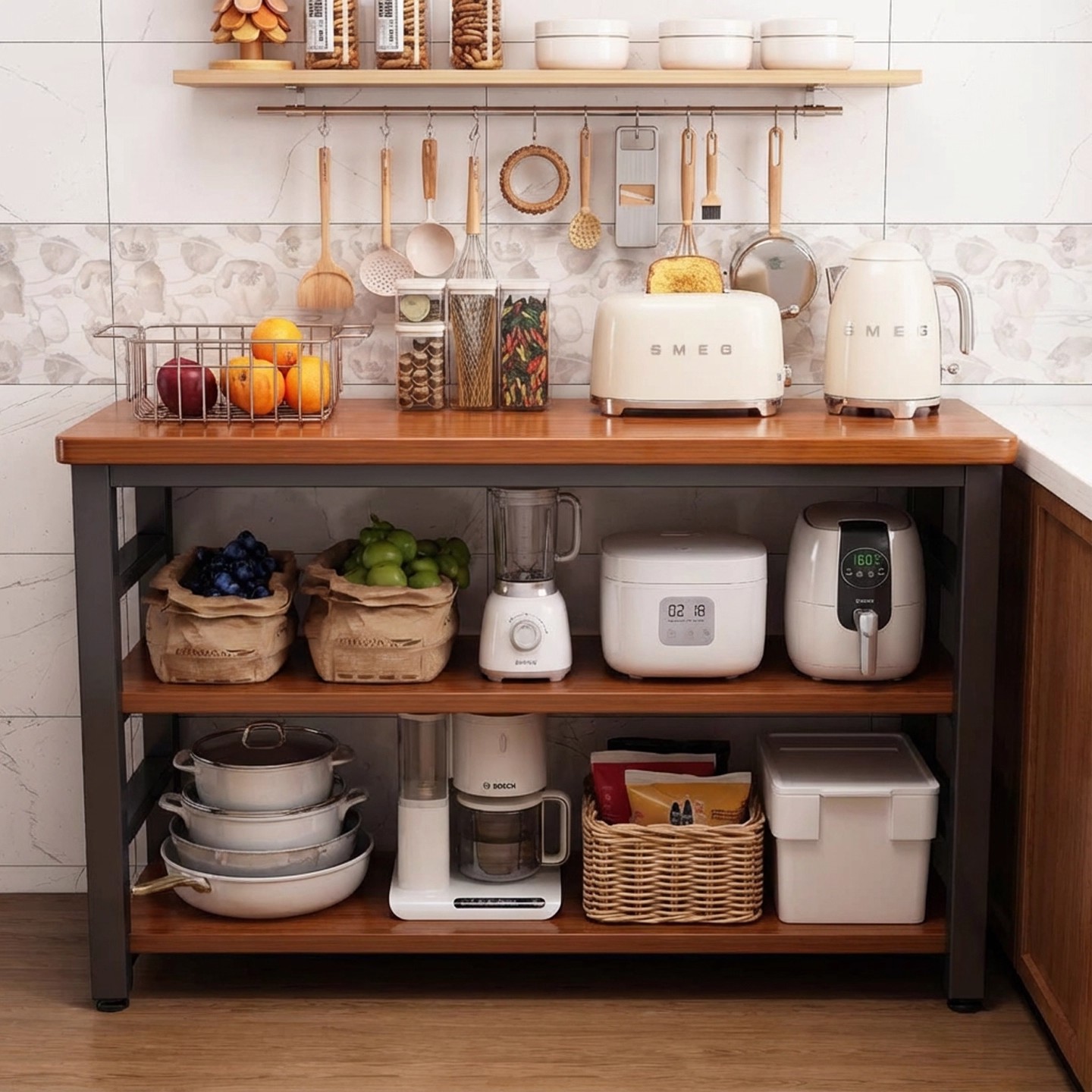 Estante de almacenamiento de borde estrecho multifuncional para horno de microondas de cocina de piso integrado de mesa de corte de verduras multicapa