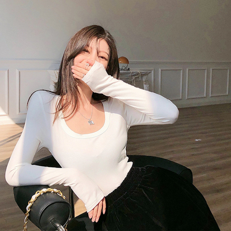 여성용 이른 봄 새 스타일 얇은 내부 캐주얼 라운드 넥 탑 슬림 핏 트렌디 인 스파이스 걸스 긴팔 티셔츠