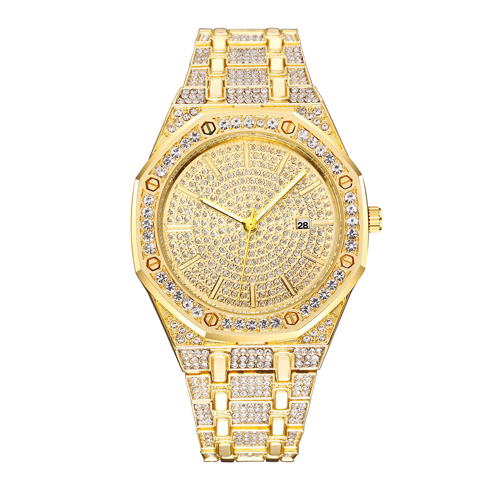 Luxurious Diamond-Encrusted Gold Fashionable Square Gypsophila Square Steel Band Men's Watch Rhinestone Calendar Watch Couple Watch Women