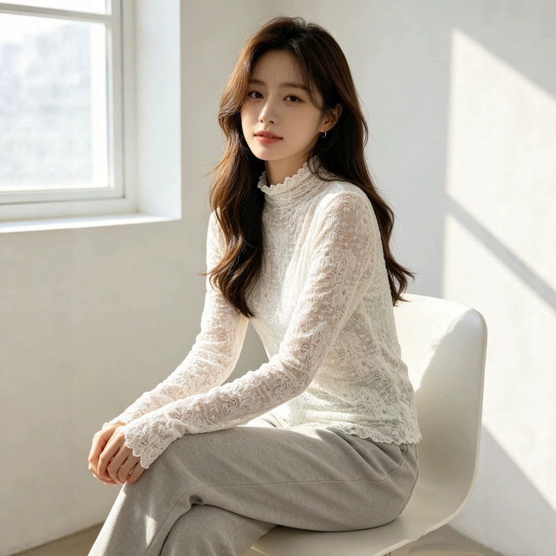 2026 early spring new half-high collar lace white T-shirt for women, 2025 new winter base shirt for women, autumn and winter