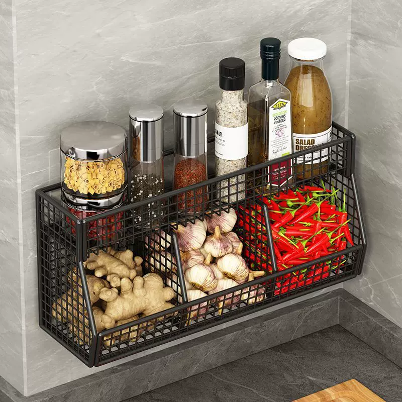 厨房壁挂置物架葱姜蒜挂篮调味品调料瓶罐收纳盒免打孔吸壁式收纳