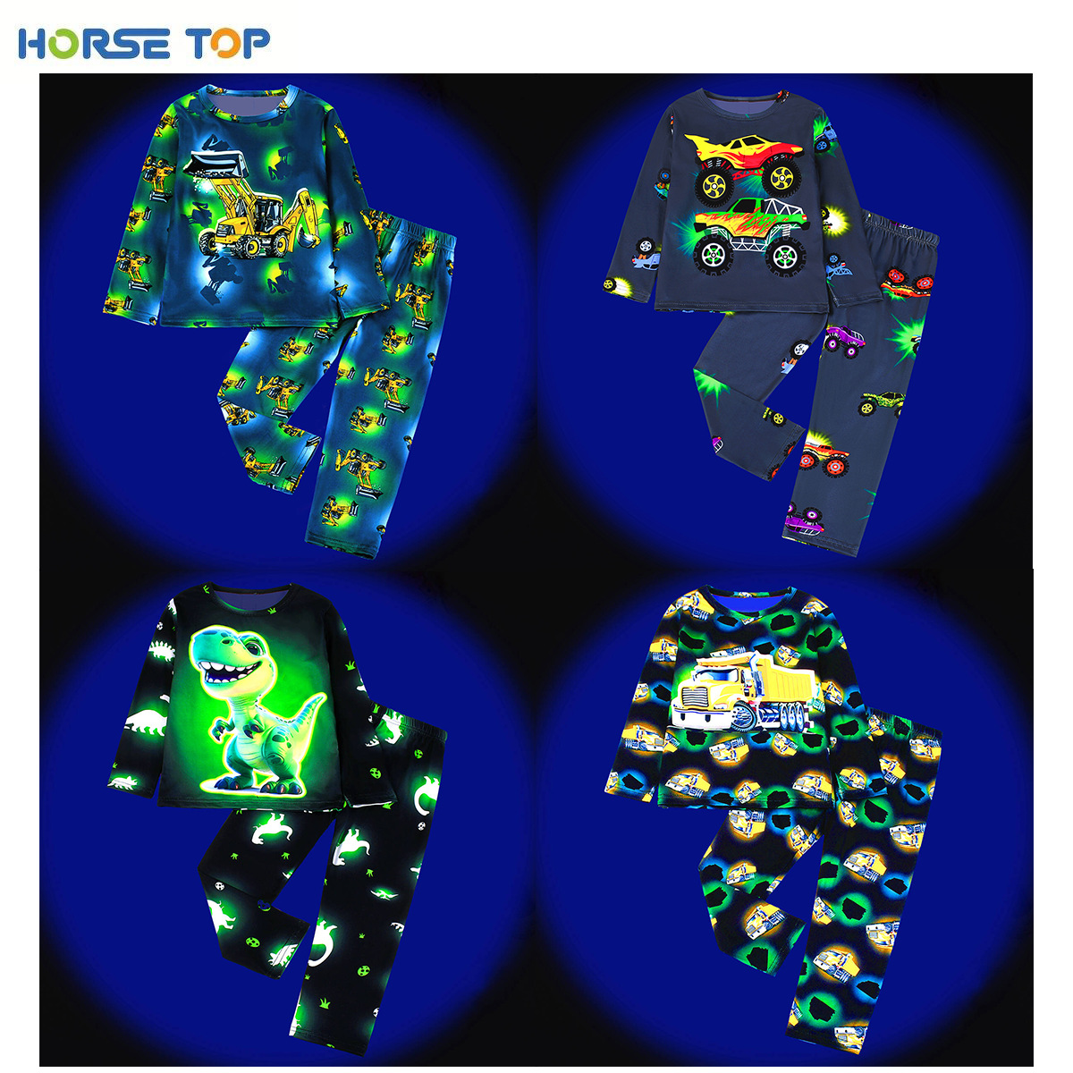 [Flame Retardant] Boys and Girls Long Sleeve Pants Home Clothes Children's Pajamas suit Digital Green Fluorescent Dinosaur Car Cross-border Workers