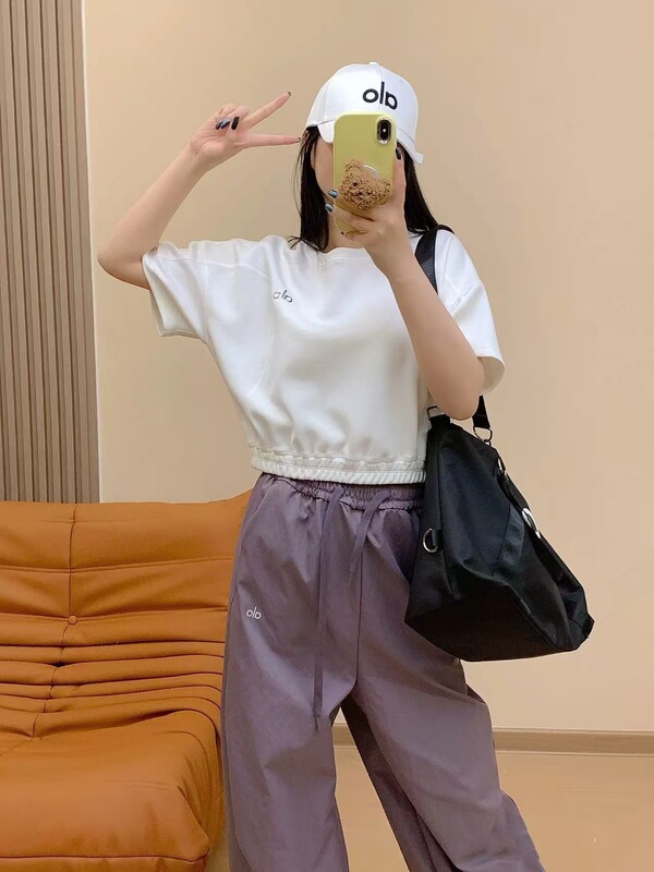 aloクラス 春夏 エアレイヤー ヨガ ショートTシャツ 伸縮性裾 おへそ出し ウエスト半袖トップス|undefined